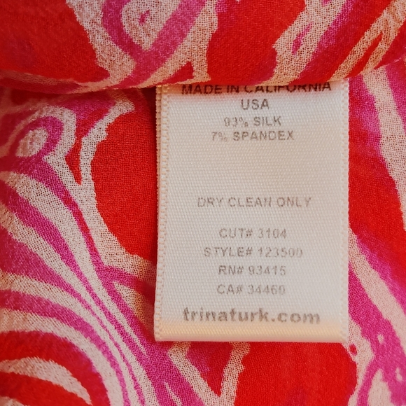 TRINA TURK Red/Magenta-Pink/White Silk Print Keyhole See-Through Blouse S - Picture 12 of 12